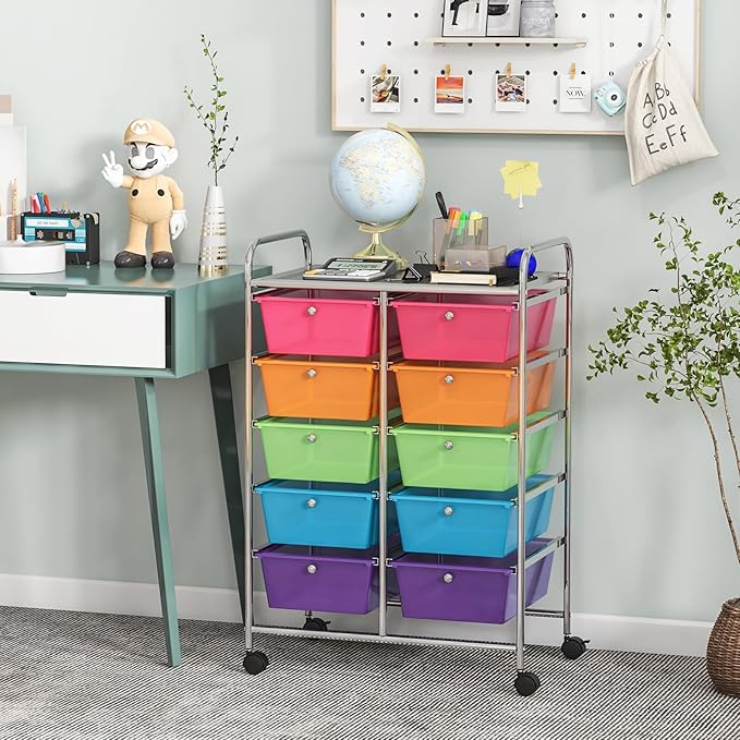 GLACER 10 Drawer Rolling Cart, Storage Cart with Lockable Whieels & Metal Frame, Trolley for Art Craft Oganizer, Mobile Utility Cart for Office, School, Classroom, Kitchen (Clear Rainbow)