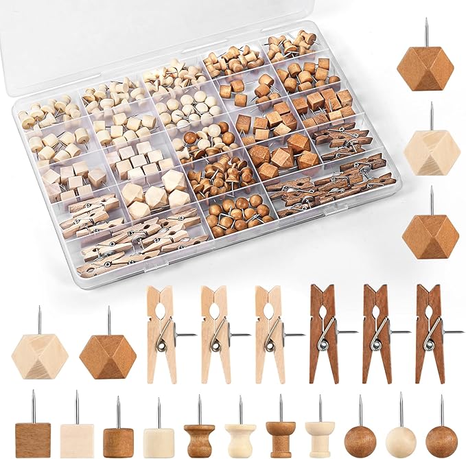 GOOLADA 200Pcs Wood Push Pins 7 Types and 2 Colors Wood Tacks Cute Push Pin Thumb Tacks for Decorative Wooden Push Pins for Cork Board Cute Pushpins for Bulletin Board Prayer Board Supplies for Women