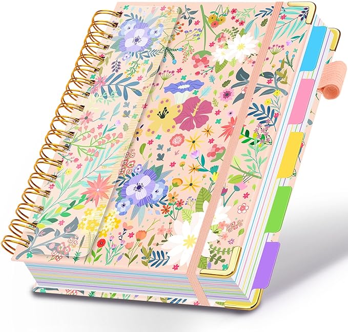 Spiral Journal Notebooks for Work, 300 Pages 5 Subject Notebook College Ruled with Dividers & Tabs, 8''x 10'' Large Notebook Journal for Women Students Note-Taking and Organizer (Beige Bloom)