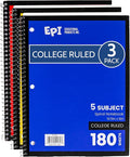 EPI Spiral Notebook | 5 Subject - College Ruled - 180 Sheets, Durable Spiral Binding | 10.5 x 8 in | Classroom Supplies | School, Office, Note Taking, Journaling - 3 Pack