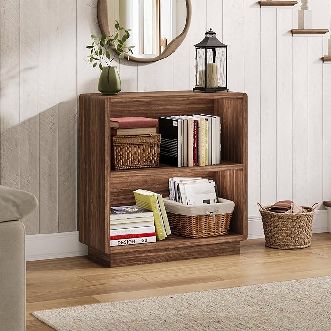ChooChoo 2-Tier Bookcase, Small Wooden Bookshelf, Farmhouse Bookshelf with Open Storage, Short Bookcase for Bedroom and Home Office, Brown Walnut