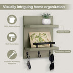 Lucundm Key Holder Wall Mount, Mail Shelf Decor with 3 Key Hooks, Versatile Wood Wall Organizer for Entryway Hallway (8.2” x 10.6”x 3.6”) (Sage Green)