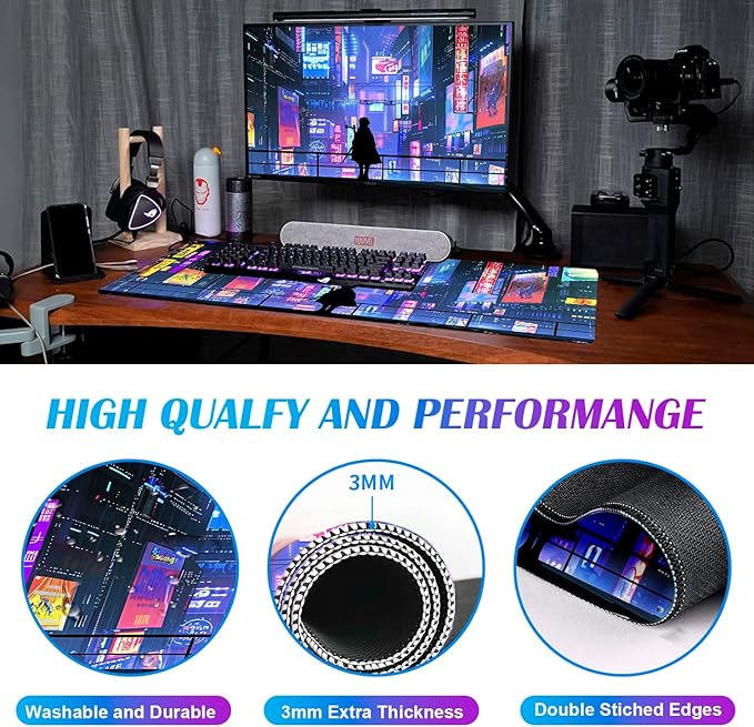 LQFIWSS Tokyo Street Cute Large Gaming Mouse Pad, Purple Blue Anime City XXL, 35.4L x 15.7W inches, Fabric, Polyvinyl Chloride, Office Products