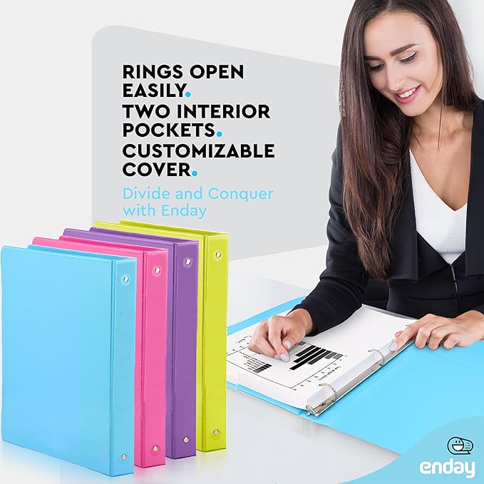 1 Inch 3 Ring Binder 1” Binder Clear View Cover with 2 Inside Pockets, Colored School Supplies Office and Home Binders Assorted Colors May Vary (4 Pack) – by Enday