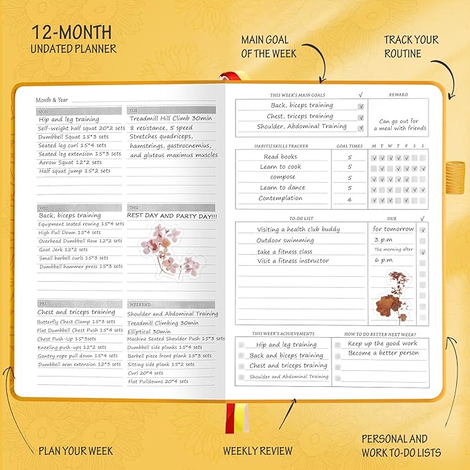 Undated Luxurious Weekly & Monthly Planner to Increase Productivity Hit Your Goals, Organizer Notebook Gratitude Journal Time Management Start Anytime, A5, Lasts 1 Year