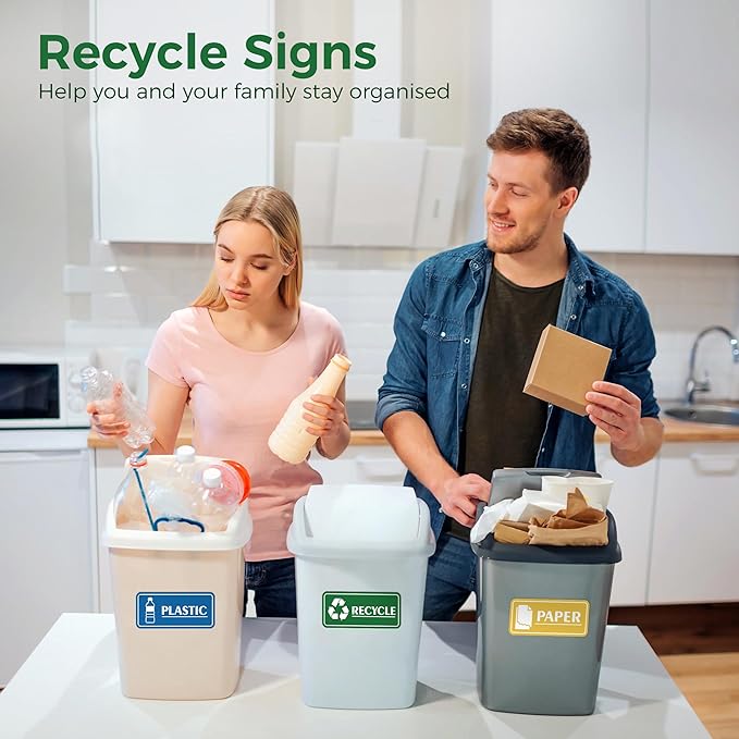 6PCS Recycle Sign Stickers for Trash Bins,Self-adhesive Waterproof Trash Recycle Stickers, Recycling Labels for Trash Can, Home, Office, Apartment, Hotel, School and Public Area
