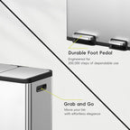 EKO EcoCasa Stainless Steel Dual Step Trash Can for Recycling, 30L+20L Rectangular Kitchen Trash Can, Independent Pedals and Lids, Soft Close and Fingerprint Resistant