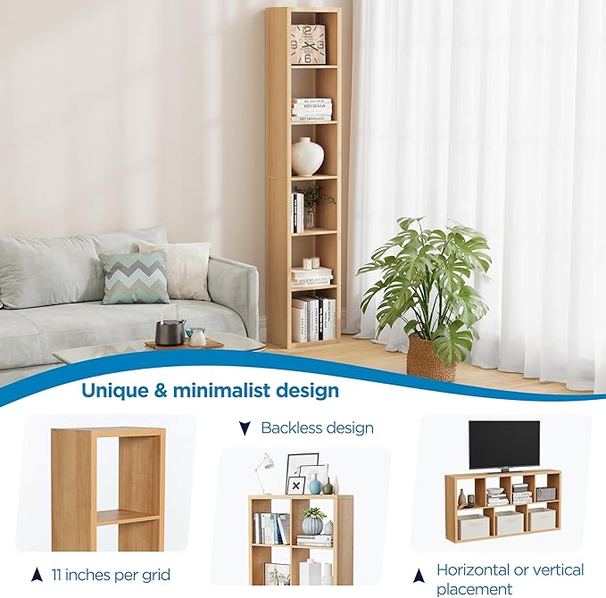 6 Cube Storage Organizer Single Row, Cube Shelf with Heavy-Duty Thick Boards, 13.31"L x 9.37"W x 72.36"H, Smooth Easy-Clean Panels, Simple Assembly, for Living Room Bedroom Office, Natural-Oak