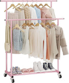 Calmootey Double Rod Clothing Garment Rack,Rolling Hanging Clothes Rack,Portable Clothes Organizer for Bedroom,Living Room,Clothing Store,Pink