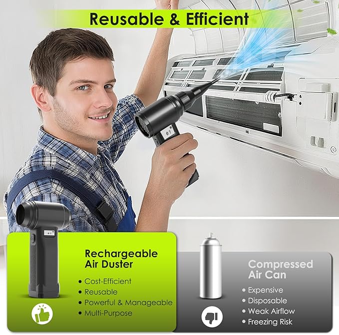 OVVGO Electric Compressed Air Duster, 300,000RPM Cordless Air Blower for Dust Removal, Duster/Vacuum 2-in-1 with 10 Speeds, 20000mAh Rechargeable & 5 Nozzles Dust Blower for PC, Keyboard, Car, Outdoor