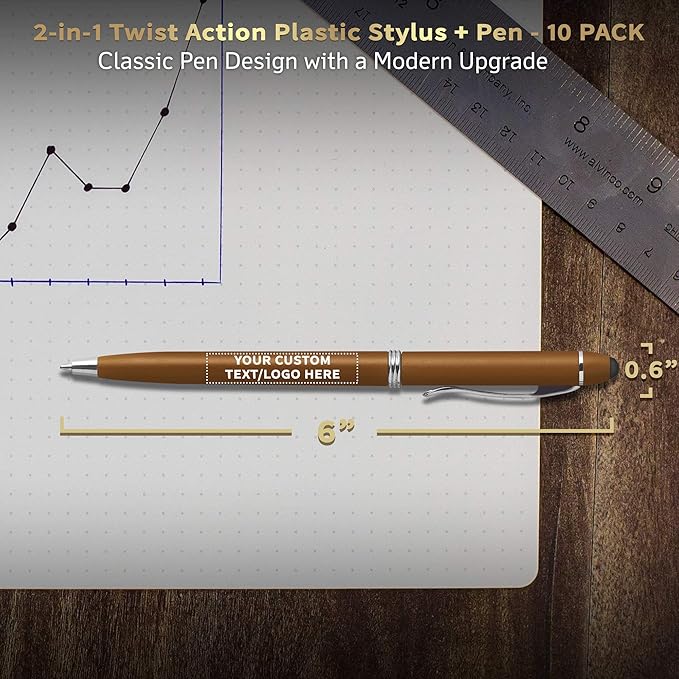 DISCOUNT PROMOS Custom Twist Action Plastic Stylus Pens, Set of 10, Personalized Bulk Pack - Pens for Work, Cool Pens for Writing, Black Ink - Gold