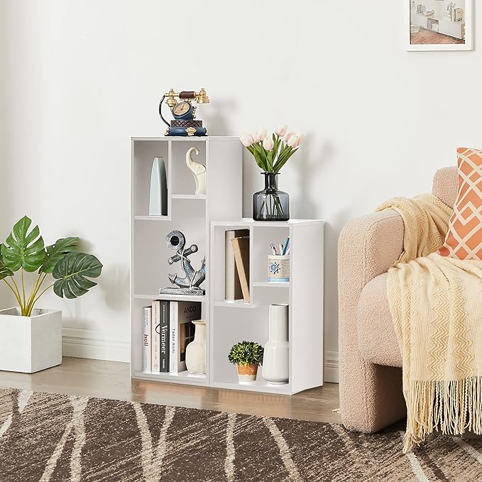 VECELO Narrow Bookshelf Set, Fits 9.3" × 10-12.8" Hardcovers, Cube Storage Bookcases, Free-Standing for Living Room, Bedroom, Home Office, 2/3-Tier, 2-Pack, White