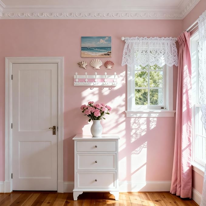 SKOLOO Coastal Wall Mounted Coat Rack - 16-7/8" Beach House Entryway Wooden Coat Hook with 5 Hooks for Hanging Coats, Hats or Towels, Oceanfront Cottage Core Collection, White & Palm Beach Pink