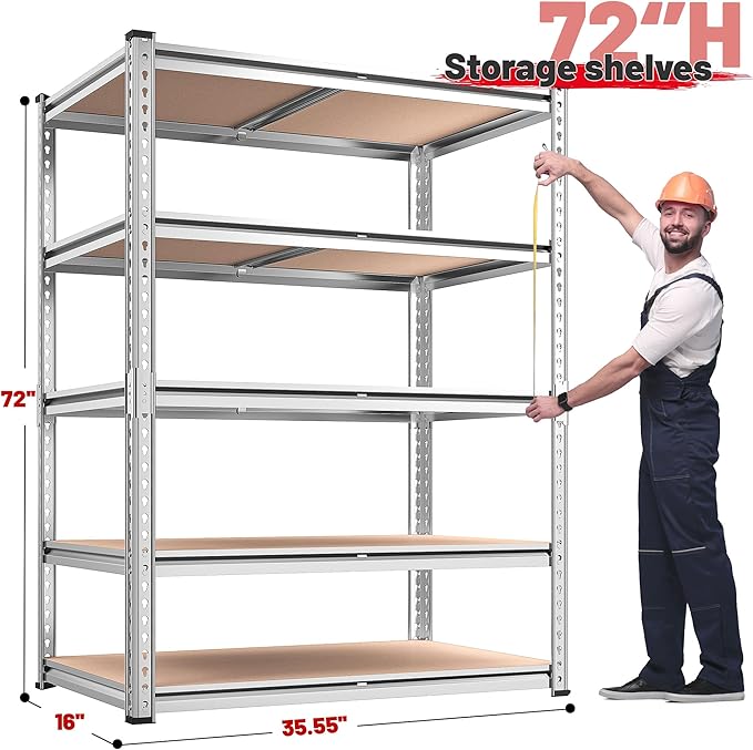 REIBII 2020LBS Garage Shelving Heavy Duty 5 Tier Storage Shelves Adjustable Metal Shelving for Basement, Warehouse, Pantry, Closet, Kitchen, Easy Assembly, 72" H x 35.55" W x 16" D, Galvanized