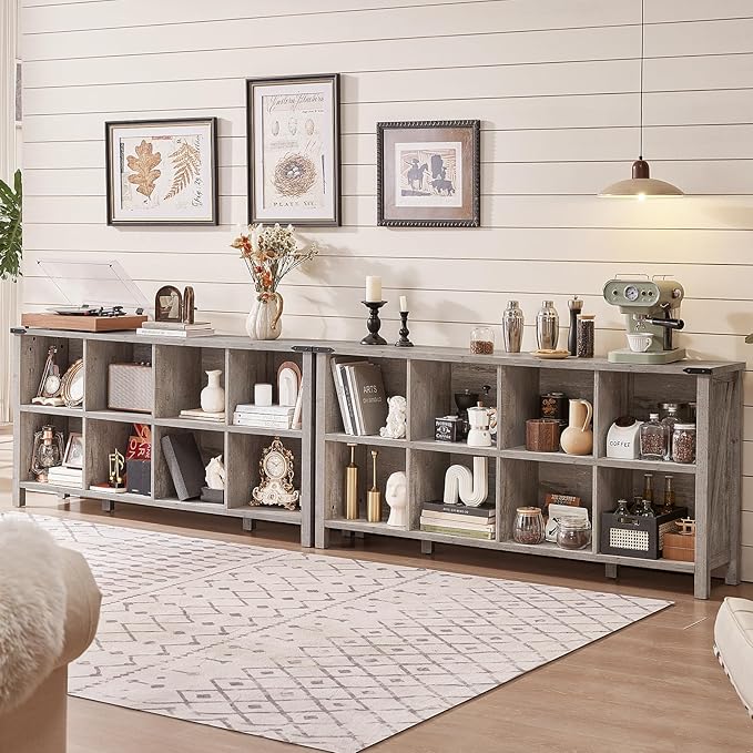 Joaxswe 8 Cube Book Shelf, Farmhouse Wood Long Storage Organizer Bookcase, 62" Horizontal Grey Oak Console Closet Bookshelf, Hallway TV Stand for Entryway, Display Cabinet Book Case for Living Room
