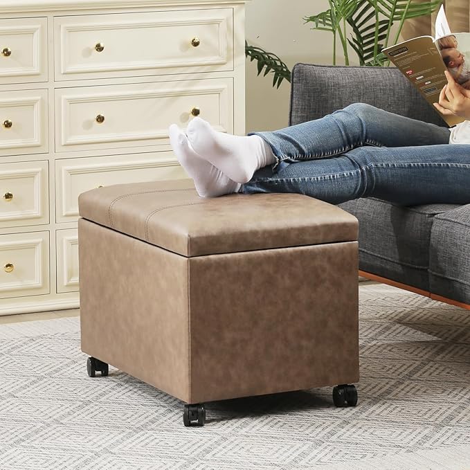 Joveco 24" Linen Storage Ottoman Bench with Wheels, Rectangle Foot Rest Stool for Living Room, Bedroom, Entryway, Earthy Light Brown Veining