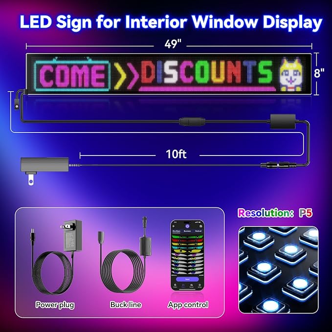 Large Programmable LED Sign, P5 Resolution Indoor Store LED Sign, Bluetooth APP, for Business Retail Shop Window Display (37"x 8")