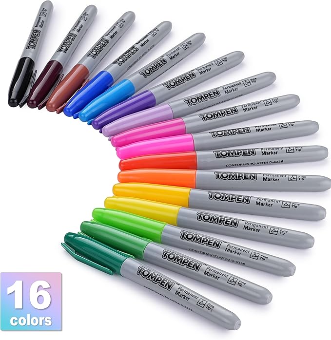 Tompen Permanent Markers,Fine Tip,160 Pack Bulk,16 Assorted Multicolor Colors,Waterproof Permanent Marker with Quick Drying on Valentine's Day card Wood,Plastic,Paper,Metal for Office School Classroom