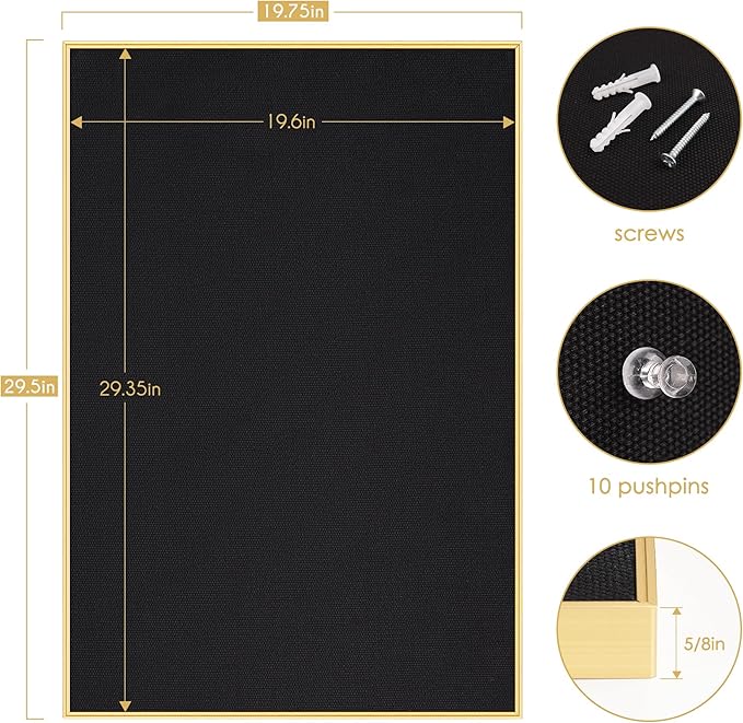 Lightomorrow Bulletin Board 30 x 20 inches, Black Pin Board, Golden Aluminum Framed Fabric Cork Board with 10 Push Pins