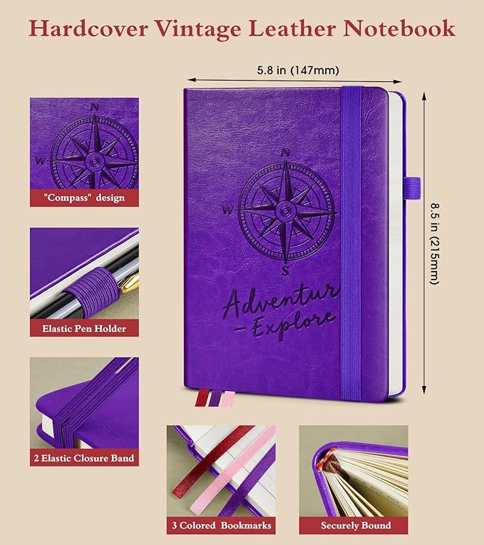 PAIBAS Lined Journal Notebook for Women Men, 160 Pages, A5 Hardcover Vintage Leather Journaling Notebooks for Work, School, Note Taking, Travel, Bible Study, Daily Diary for Writing 5.8"x8.5" (Purple)
