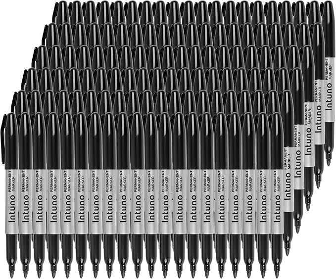 INTUNO Permanent Markers, 120 Count Black, Fine tip, Oil-Based Permanent Markers, Waterproof and Fade-Resistant, for Paper, Wood, Metal, Glass and More