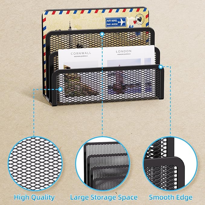 Marbrasse Mail Organizer for Desk, 3-Slot Mesh Metal Mail Holder countertop, Letter Holder, Office Desktop Envelope and Document Storage Rack (Black)