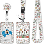 Teacher Badge Holder with Retractable Lanyard, Flower Lanyards for ID Badges Name Tags Vertical Card Holder, Breakaway Lanyard Badge Reel Retractable, Teacher Nurse Workers Women Office Gifts