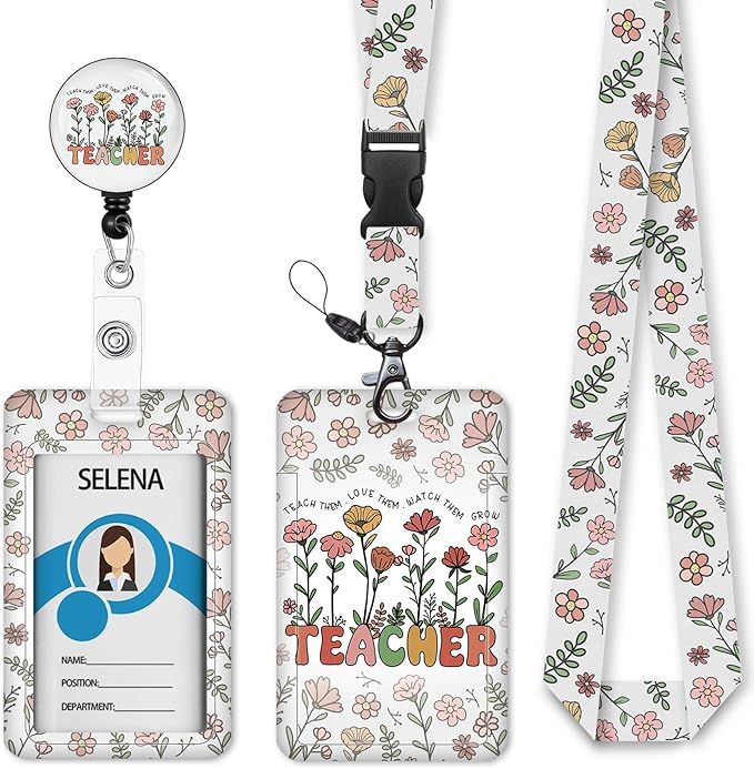 Teacher Badge Holder with Retractable Lanyard, Flower Lanyards for ID Badges Name Tags Vertical Card Holder, Breakaway Lanyard Badge Reel Retractable, Teacher Nurse Workers Women Office Gifts
