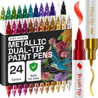 ARTISTRO 24 Metallic Acrylic Paint Markers - Paint Pens Dual Tip Brush + Fine Ideal for Calligraphy - Perfect for Fabric, Rock, Glass, Wood, DIY - Art Supplies, Stocking Stuffers, Christmas Gift Idea