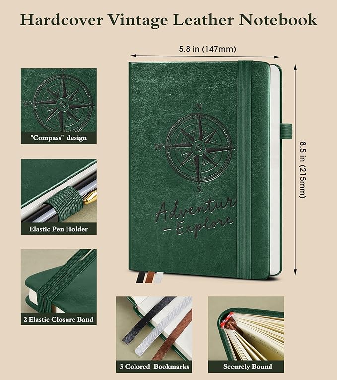 PAIBAS Dotted Journal Notebook for Women Men, 160 Pages Dot Grid Journals for Writing, A5 Hardcover Vintage Leather Bullet Journaling Notebooks for School, Work, Travel, Note Taking 5.8"x8.5"(Green)