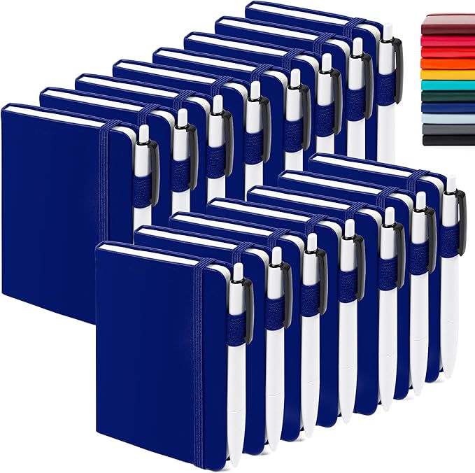 feela 15 Pack Pocket Small Notebooks Bulk, Mini Cute Notepads Hardcover College Ruled Lined Journals with Pen Holder for School Business Memos, with 15 Black Pens, 3.5”x 5.5”, A6, Navy