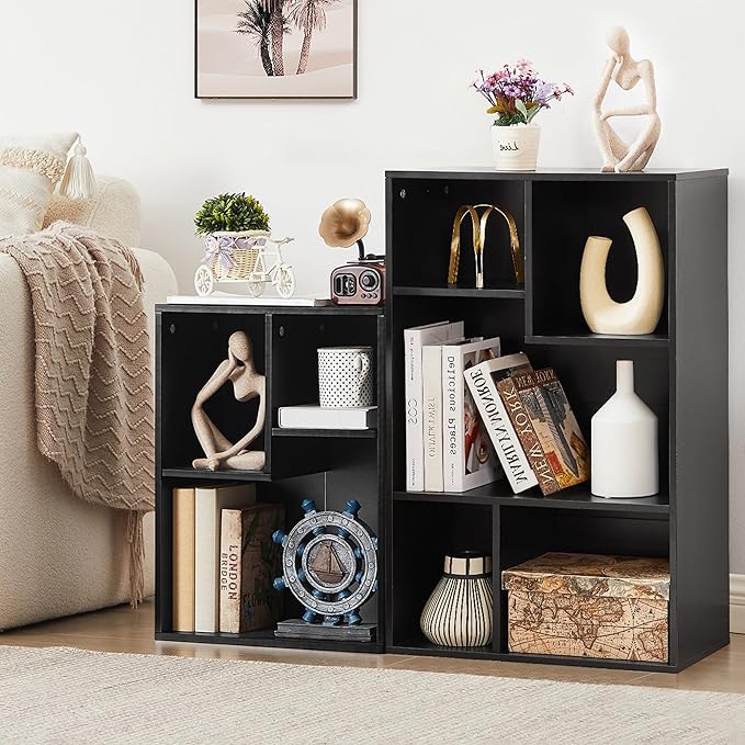VECELO Wide Bookshelf Set, Fits 9.3" × 10-12.8" Hardcovers, Cube Storage Bookcases, Free-Standing for Living Room, Bedroom, Home Office, 2/3-Tier, 2-Pack, Black