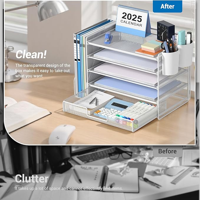 OPNICE Desk Organizer, 5-Tier Paper File Organizer with Drawer & Pen Holder, Office Desk Accessories, Workspace Desktop Organizer for Office Supplies(White)