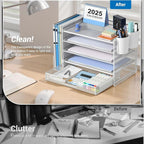 OPNICE Desk Organizer, 5-Tier Paper File Organizer with Drawer & Pen Holder, Office Desk Accessories, Workspace Desktop Organizer for Office Supplies(White)