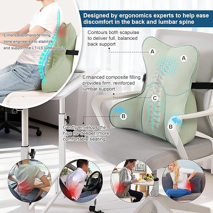 Ailuteie Ergonomic Lumbar Support Pillow(Pat. Pend) – Multi-Functional Back Cushion with Firm Support for Reading, Working & Driving,Celadon Green