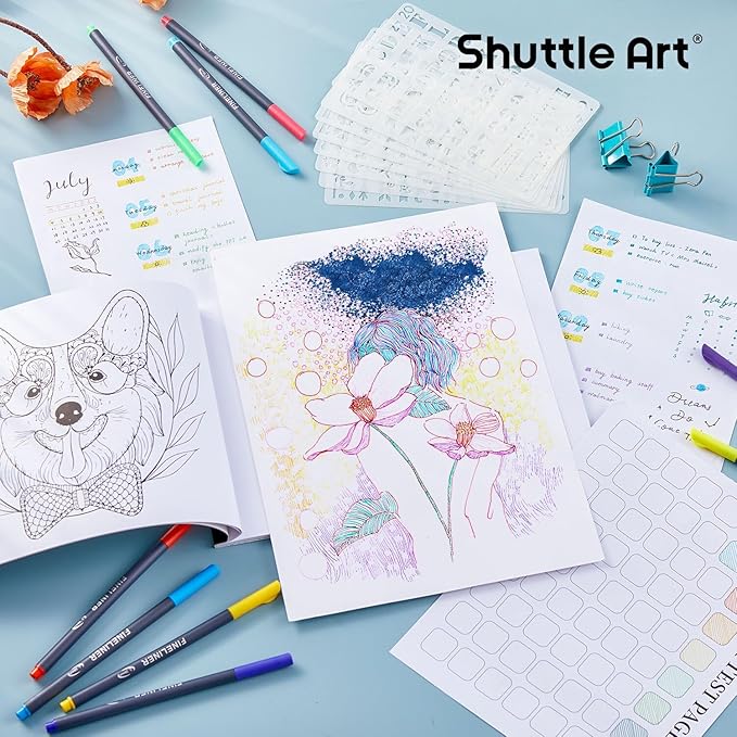Shuttle Art Fineliner Colored Pens, 100 Colors 0.38mm Fine Point Pens with Stencils & Adult Coloring Books for Coloring, Drawing, Detailing, Writing Note Taking Calendar and Journal Art Projects