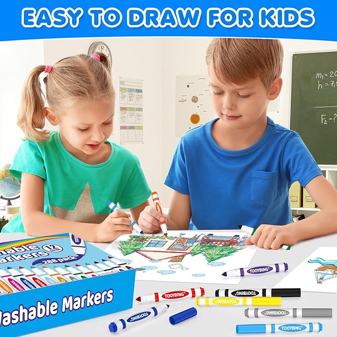 TooyBing Washable Markers Bulk (288 Count), 12 Assorted Colors, Washable Markers for Kids Classroom School, Broad Tip Durable for Back to Classroom Art School Supplies Essentials