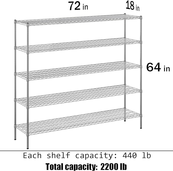 Regal Altair 18" Deep x 72" Wide x 64" Height Wire Shelving Kit | 5-Tier | NSF Commercial Storage Rack Unit