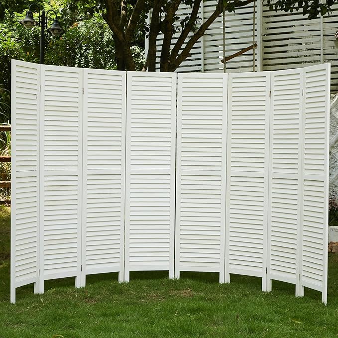 White Room Divider, Temporary Wall with Double Hinges, 5.6 Ft Tall Folding Louver Wood Screen for Home Office Bedroom Hotel Decoration (8 Panels)