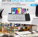 Varhomax Glass Desk Whiteboard with Wireless Charger, Desktop Organizer Dry Erase White Board with Storage, to Do List Memo Notepad for Home and Office Supplies (Black & Gray)