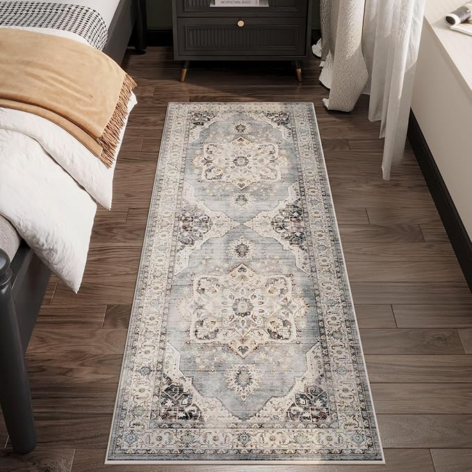 Rugcomf Vintage Medallion Kitchen Rugs Non Slip Washable 2'7"x8' - Low Pile Runner Rug, Boho Carpet for Hallways, Laundry, Bedroom, Bathroom - Grey and White