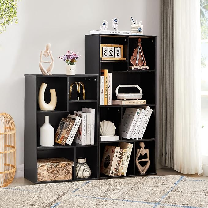 VECELO Wide Bookshelf Set, Fits 9.3" × 10-12.8" Hardcovers, Cube Storage Bookcases, Free-Standing for Living Room, Bedroom, Home Office, 3/4-Tier, 2-Pack, Black