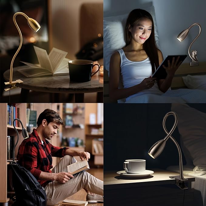 O'Bright Lumos - Versatile Clip-on Lamp: Zoomable Spotlight, Dimmable LED, Flexible Gooseneck, 4000K Light, 100% Metal Clamp - Ideal for Reading, Crafting, Work, and Headboards, Black
