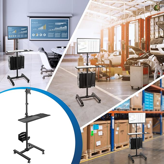 Mount-It! Rolling Computer Cart on Wheels, Mobile Desk Workstation with Monitor Mount for up to 32" Screen, Full Keyboard Tray, Floating Adjustable CPU Holder, Standing up to 70" Tall