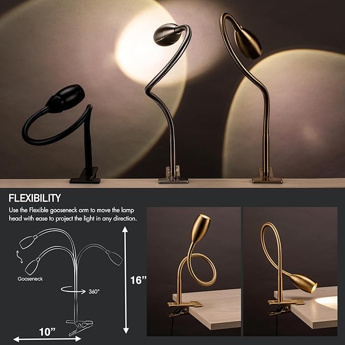 O'Bright Lumos - Versatile Clip-on Lamp: Zoomable Spotlight, Dimmable LED, Flexible Gooseneck, 4000K Light, 100% Metal Clamp - Ideal for Reading, Crafting, Work, and Headboards, Black