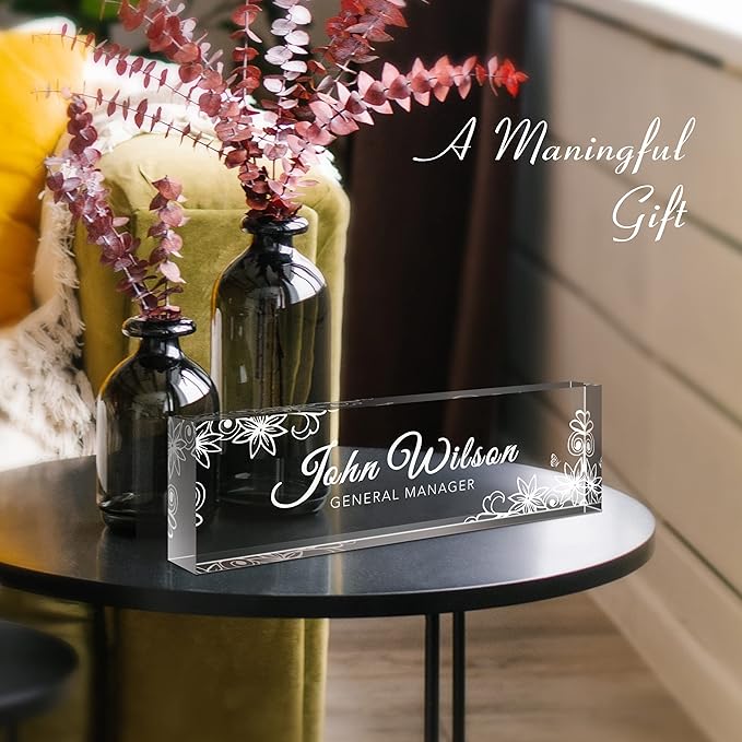SalaGraphics Custom Engraved Acrylic Name Plates for Desks, Office Desk Plate Personalized, Decor Nameplate, Nurse Manager Employee Teacher Appreciation Gifts, Accessories (Flowers E)