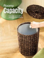 Tidita 4 Gallons Wicker Waste Basket - Water Hyacinth Bathroom Trash Can - Garbage Can with Lid Boho Style - Wicker Trash Can with Lid for Bedroom, Kitchen - Removable Liner (Black Color)
