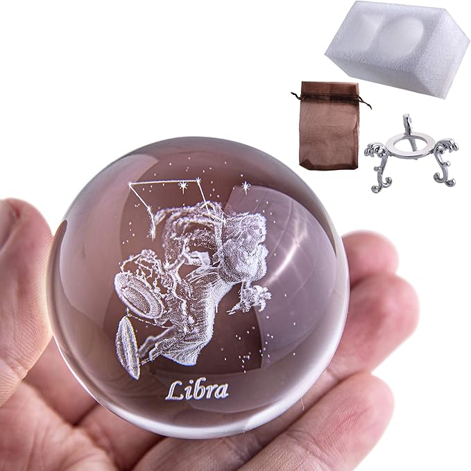 3D Laser Constellation Crystal Ball Crystal Paperweight Full Sphere Glass Fengshui with Sliver-Plated Flowering Stand(Libra)