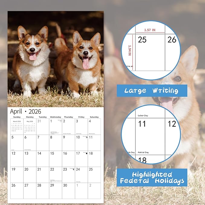 2026 Wall Calendar,Calendar 2026, November 2025 - December 2026, Wall Calendar Corgis, 12" x 24" Opened,Full Page Months Thick & Sturdy Paper for Gift Perfect Calendar Organizing & Planning