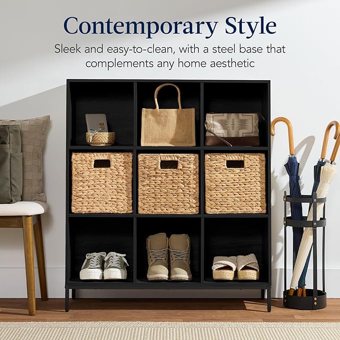 Best Choice Products 9-Cube Bookshelf, 3-Tier Wood Storage Bookcase W/Legs, 11in Shelf Opening, Cube Organizer, Living Room, Office, Nursery – Black
